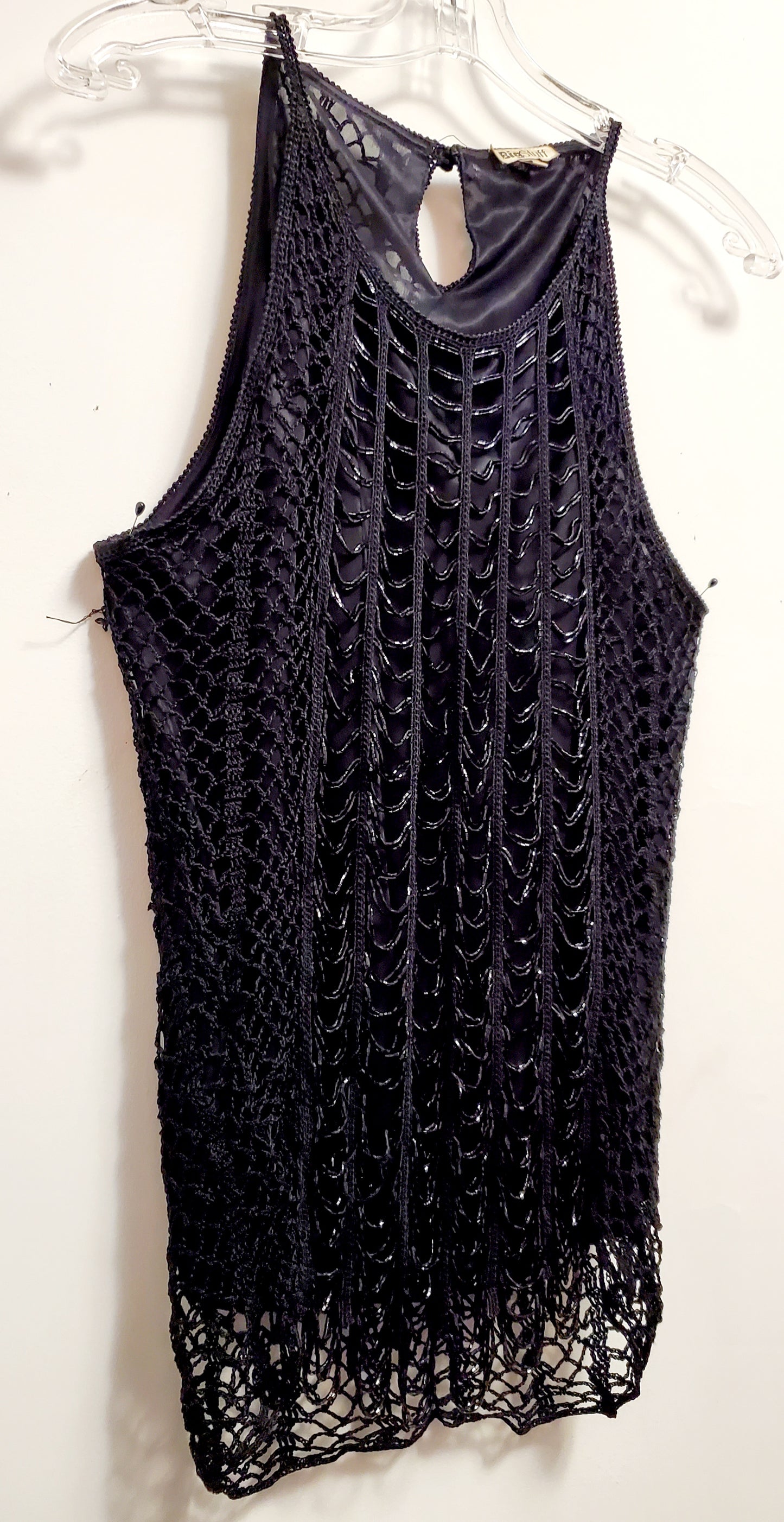 Close up view of Front view of 90s black crochet beaded top