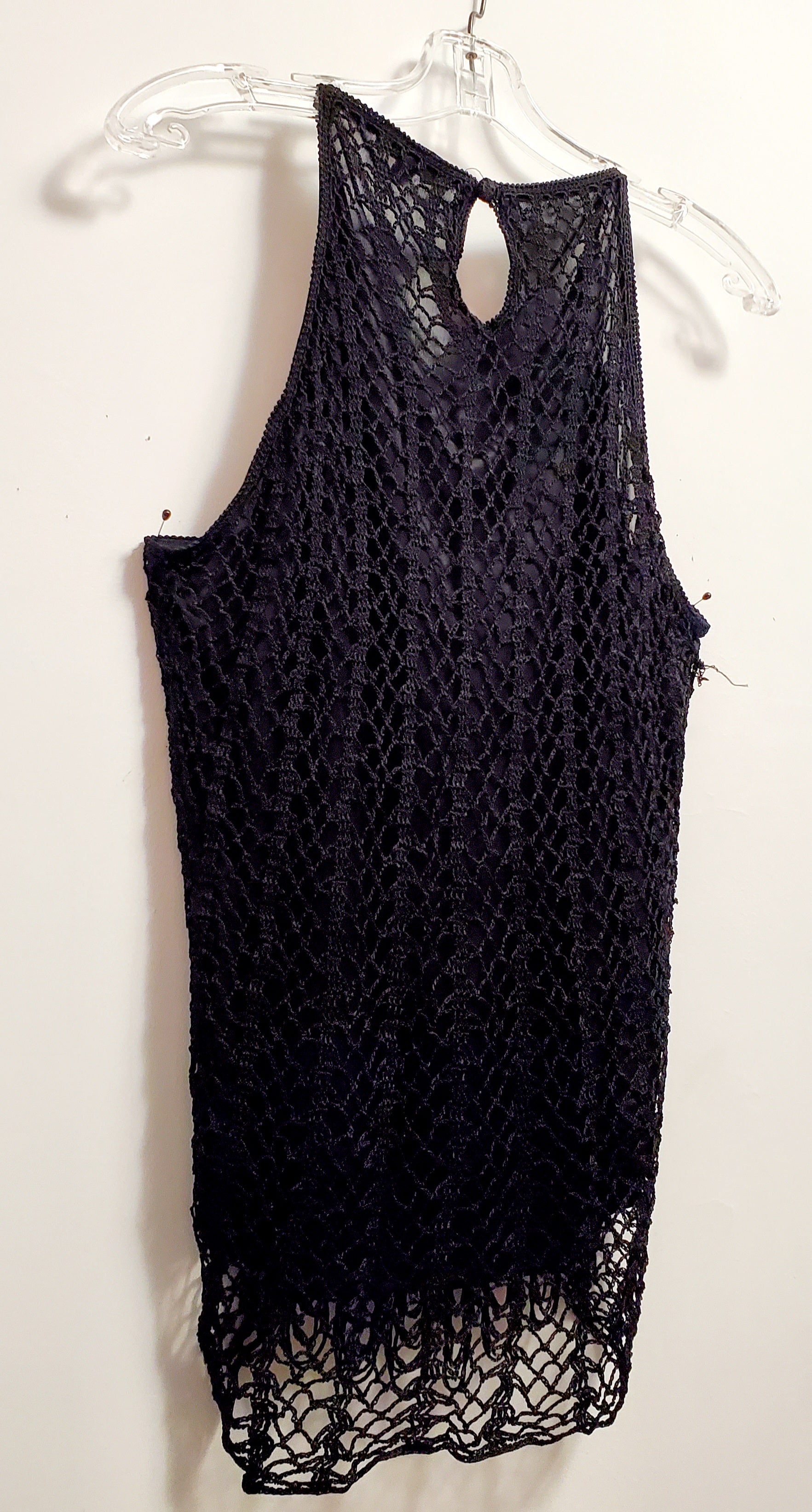 Close up back view of 90s black crochet beaded top 