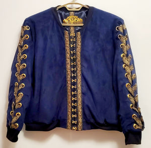 REIGN-Navy blue bomber jacket with hook and eye front and laced sleeves and back
