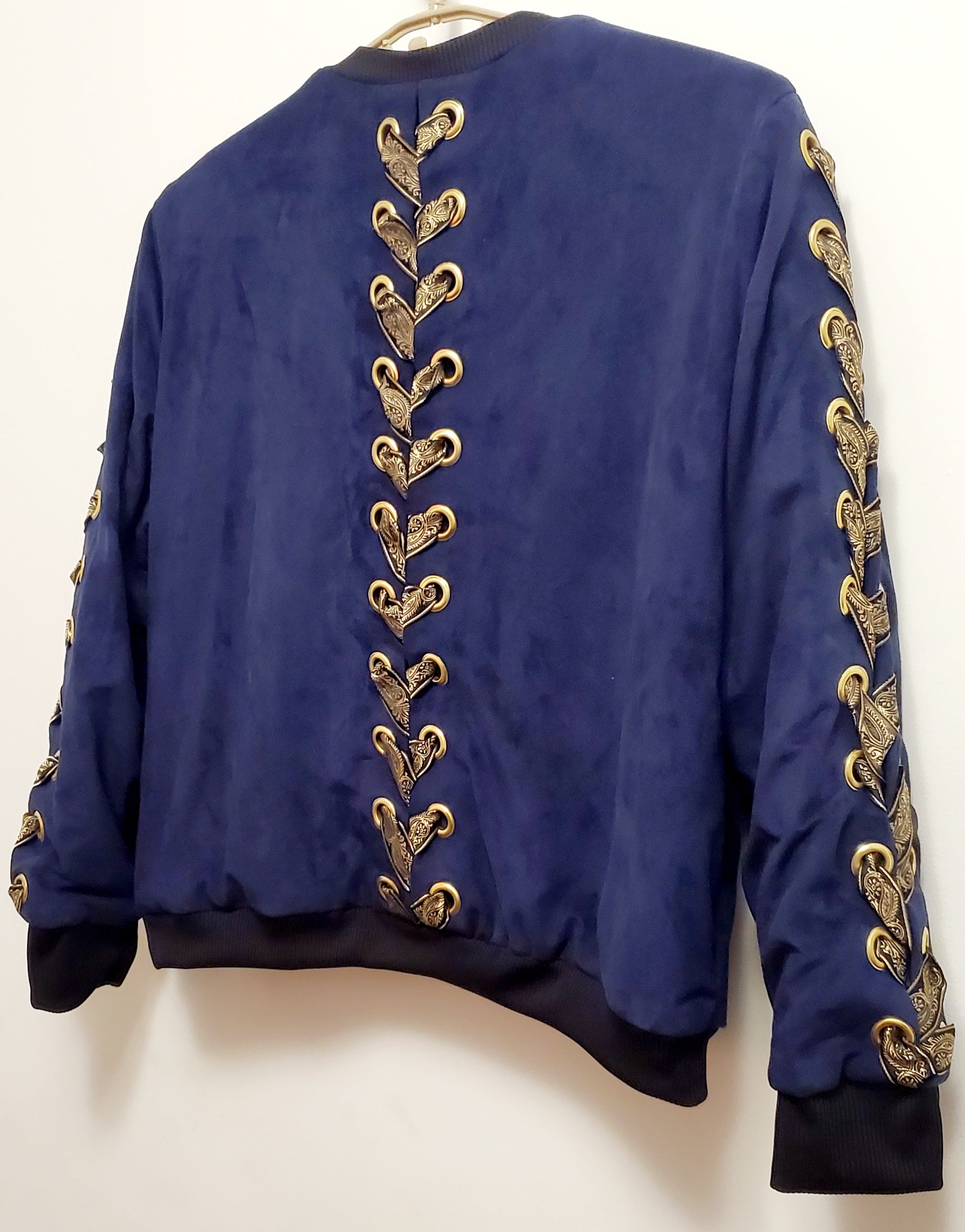 REIGN-Navy blue bomber jacket with hook and eye front and laced sleeves and back