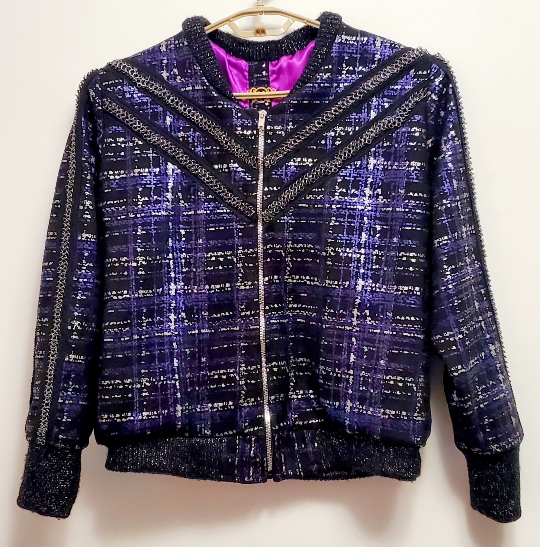 PLAIDE-Purple and silver plaid bomber jacket with chain trim