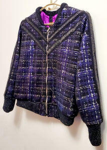 PLAIDE-Purple and silver plaid bomber jacket with chain trim