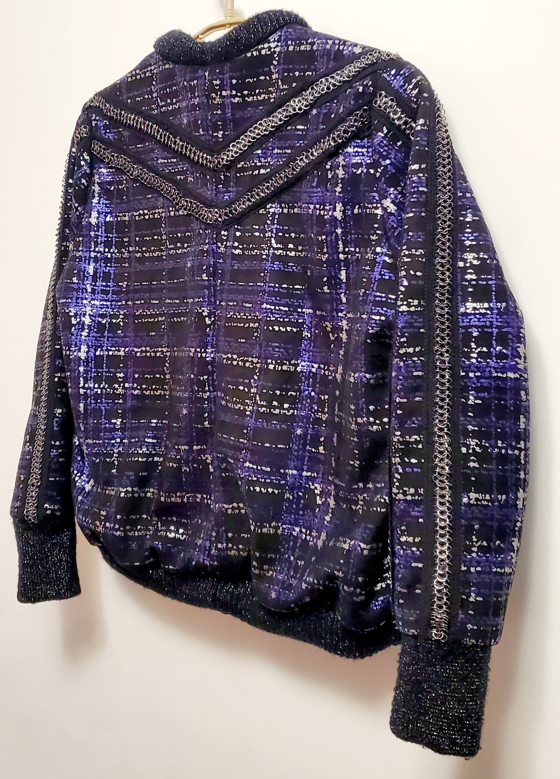 PLAIDE-Purple and silver plaid bomber jacket with chain trim