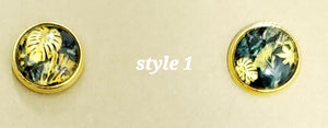 gold tropical leaf print cabochon stud earrings