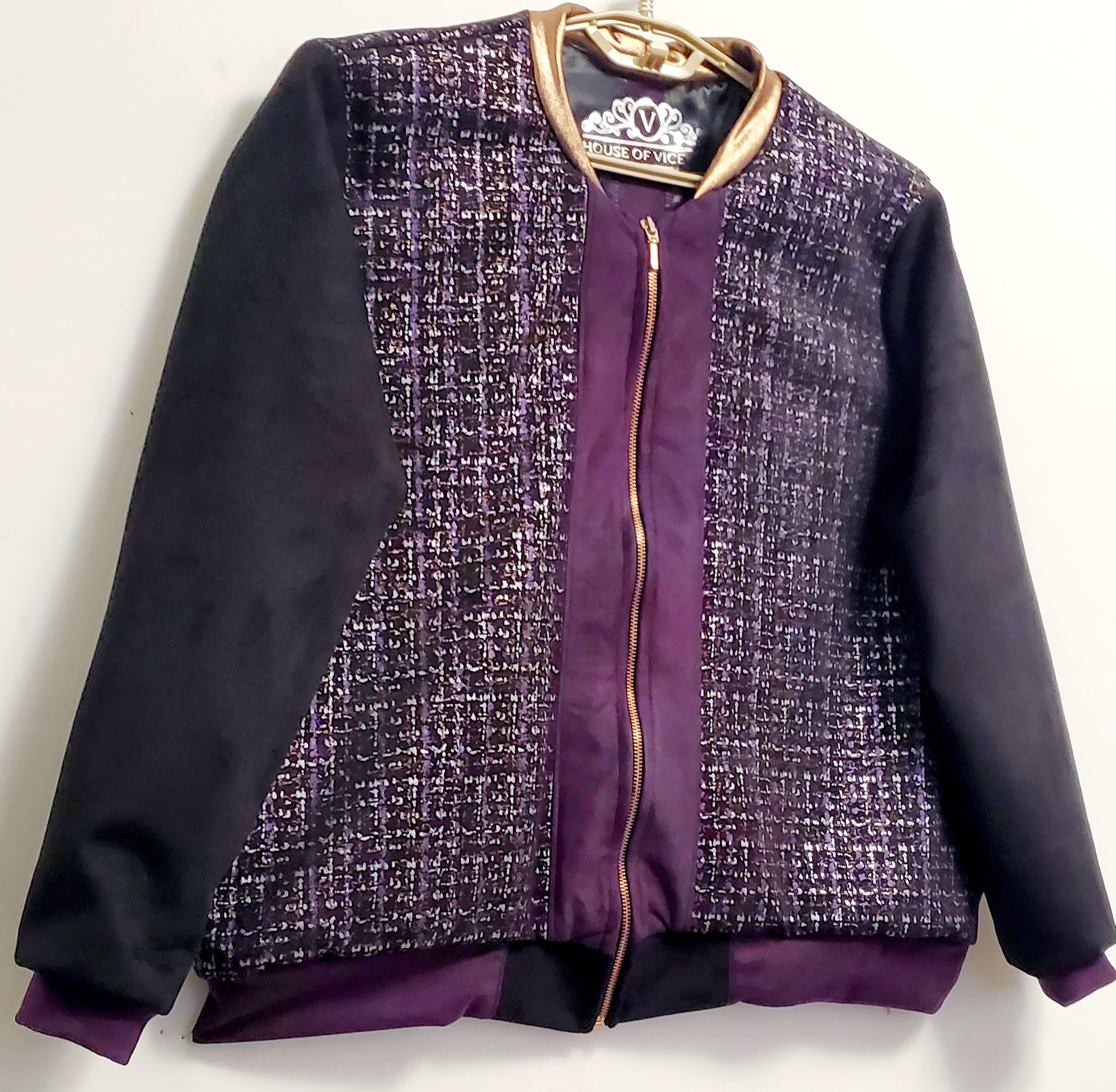 Front side view of Purple, silver, and copper tweed printed bomber jacket