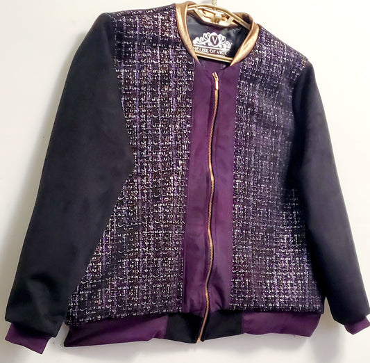 Front side view of Purple, silver, and copper tweed printed bomber jacket