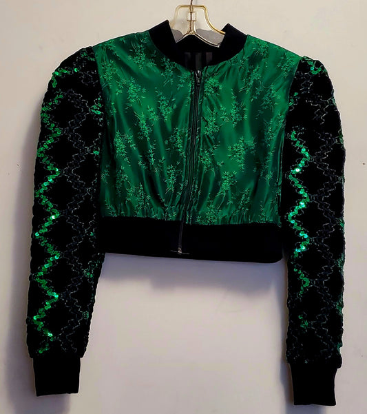  Front view of Green Damask Cropped Bomber Jacket