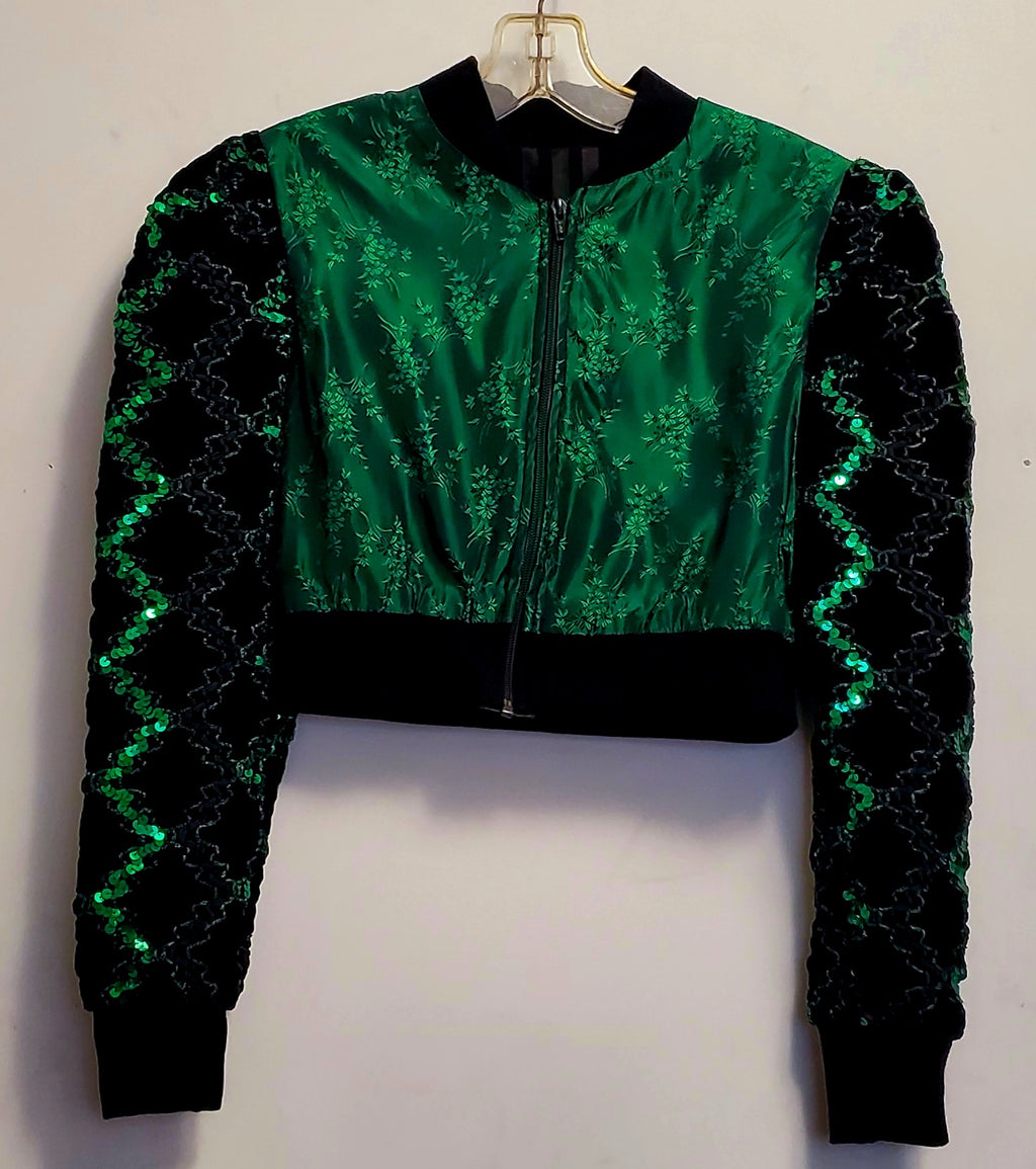  Front view of Green Damask Cropped Bomber Jacket