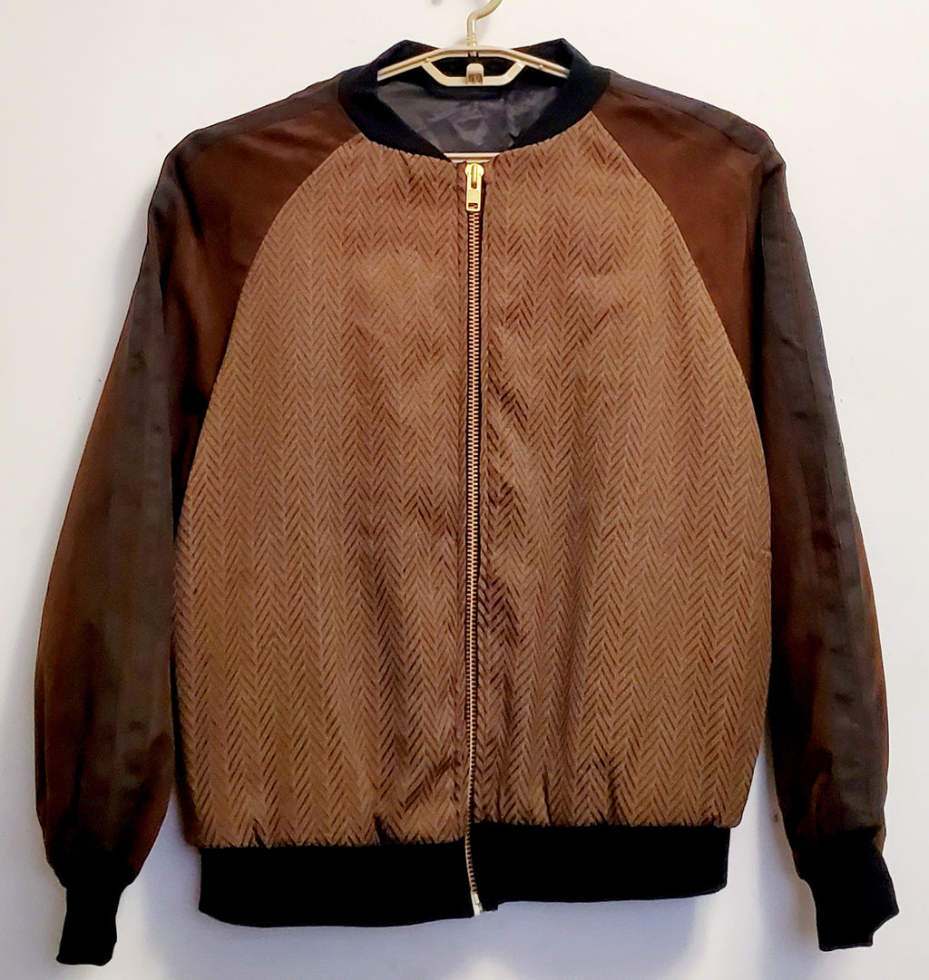 Front view of Brown Ultra Suede and Herringbone Bomber Jacket