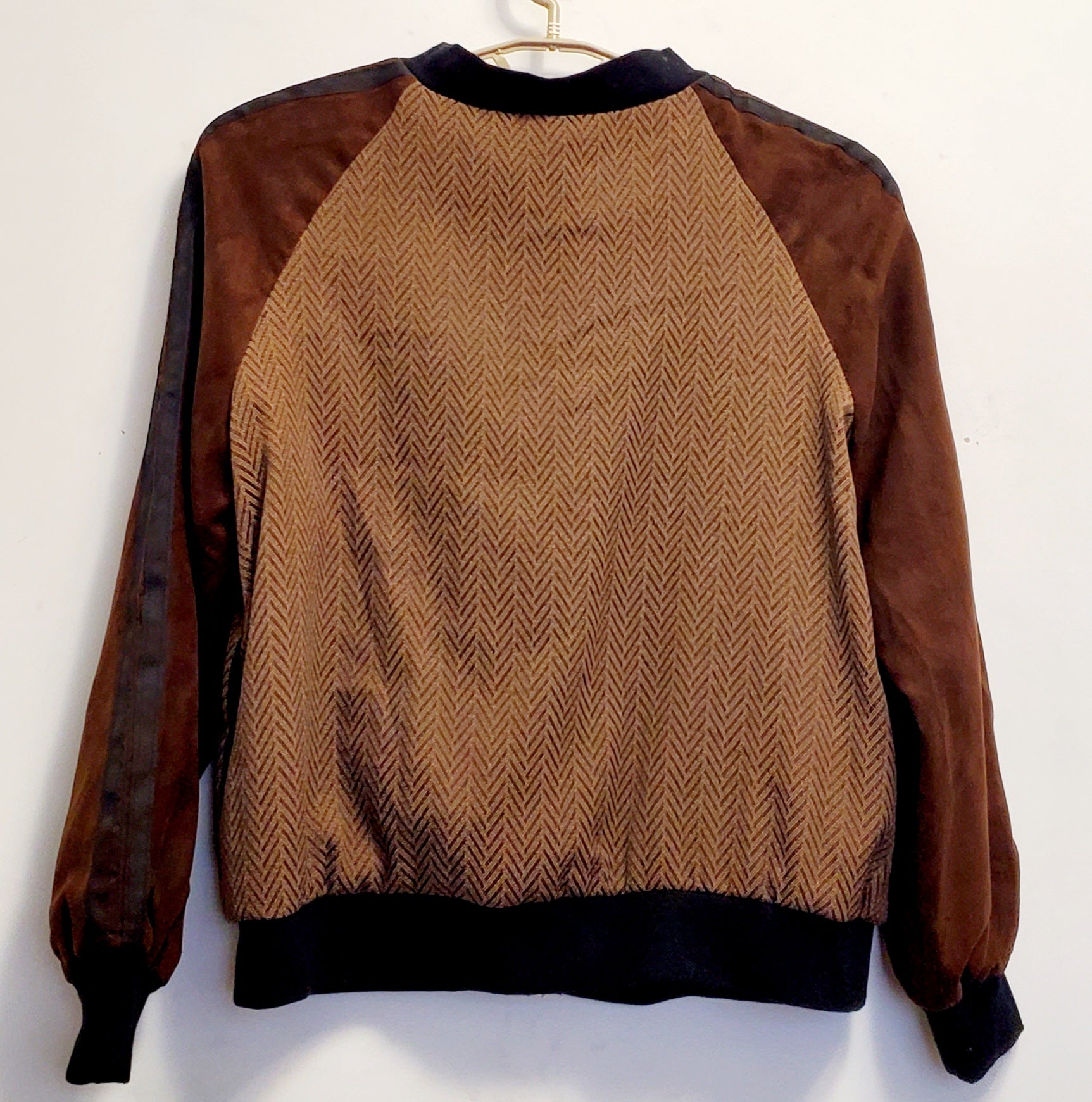 Black view of Brown Ultra Suede and Herringbone Bomber Jacket