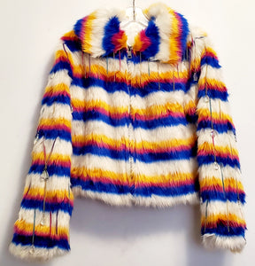 Front view white rainbow striped faux fur coat with chain details