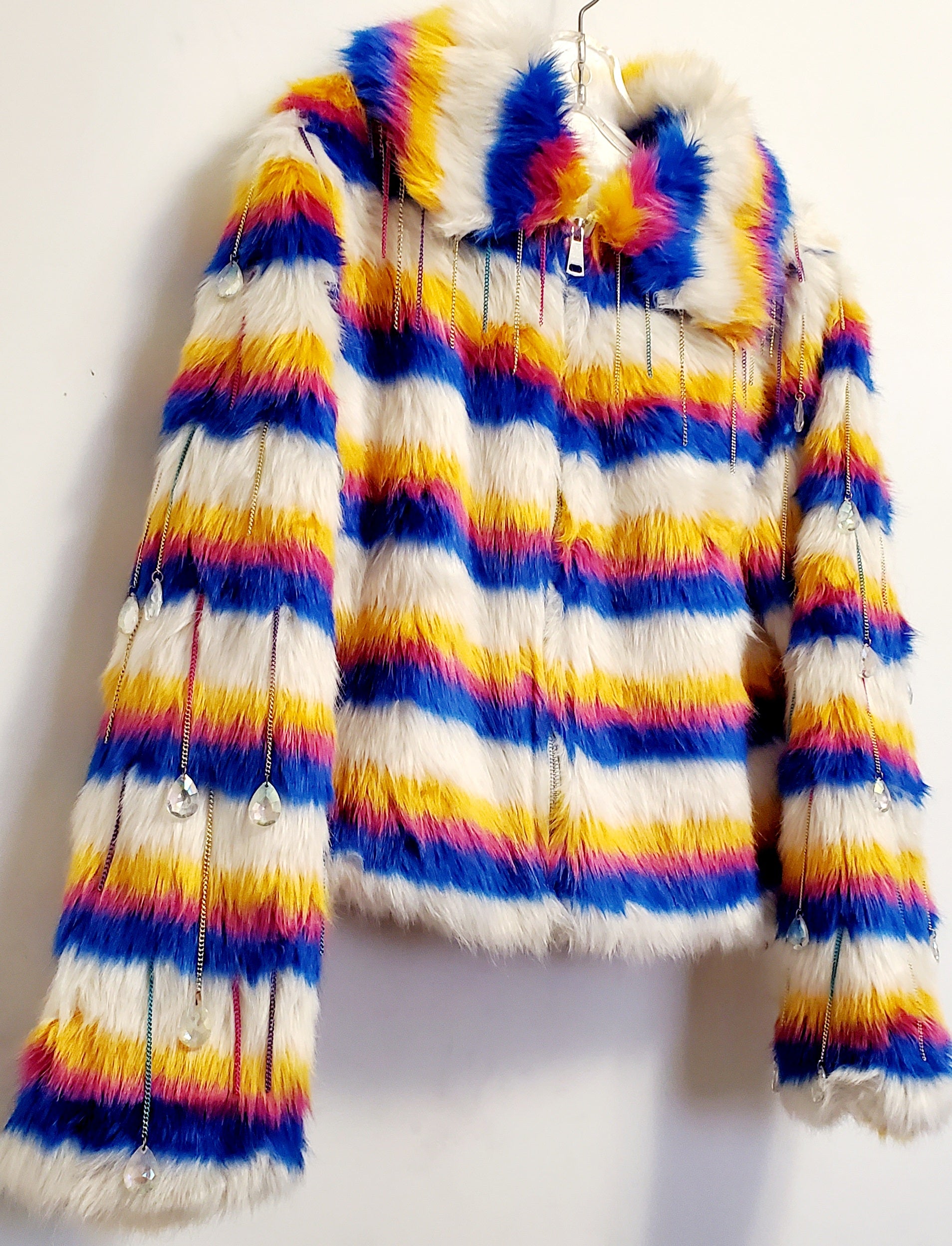 Close up Front view white rainbow striped faux fur coat with chain details