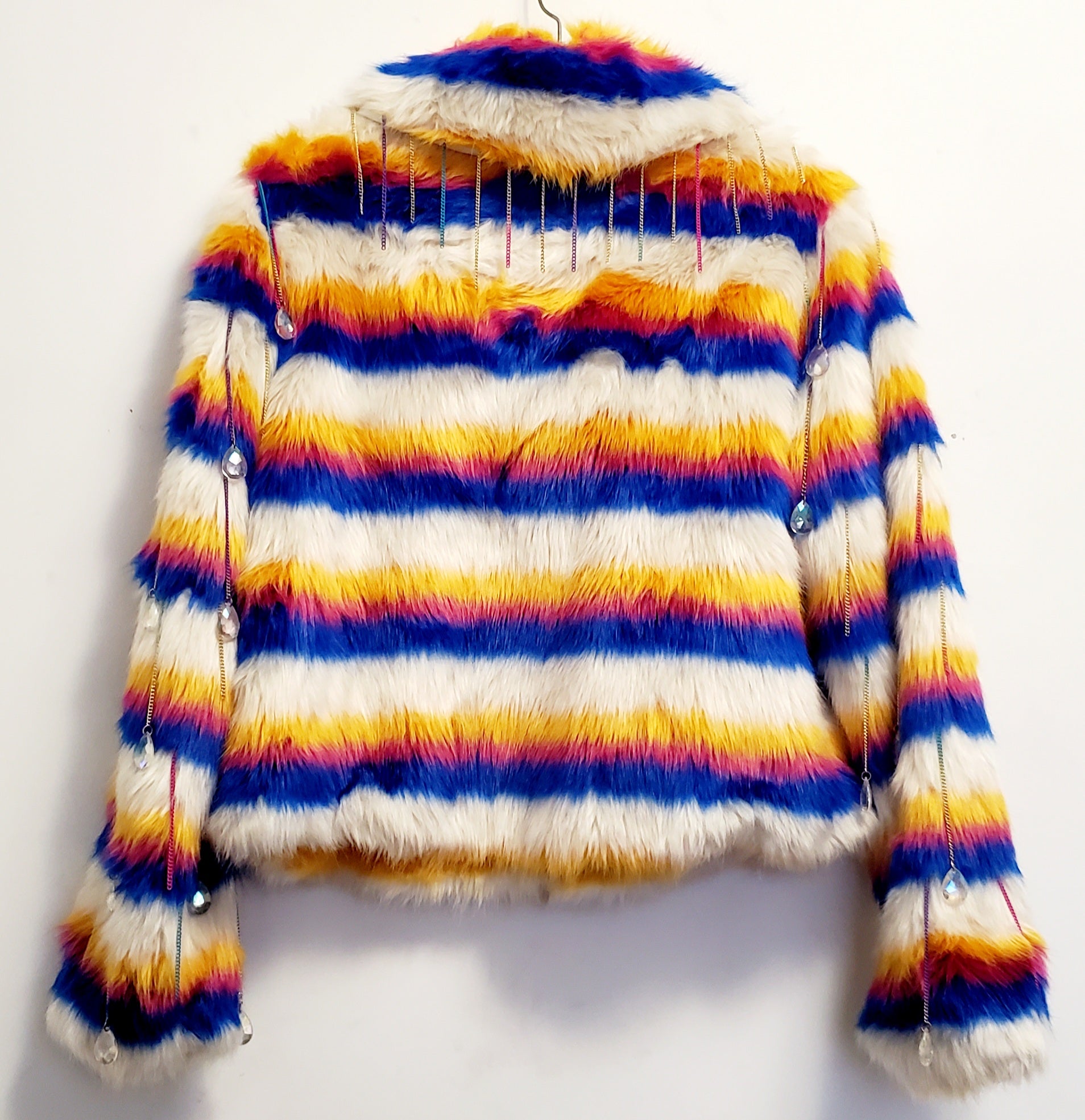 Back view white rainbow striped faux fur coat with chain details
