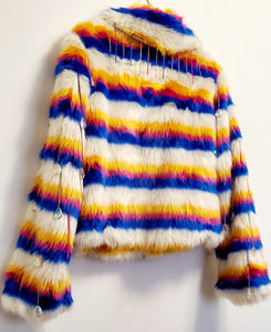 black view of white rainbow striped faux fur coat with chain details