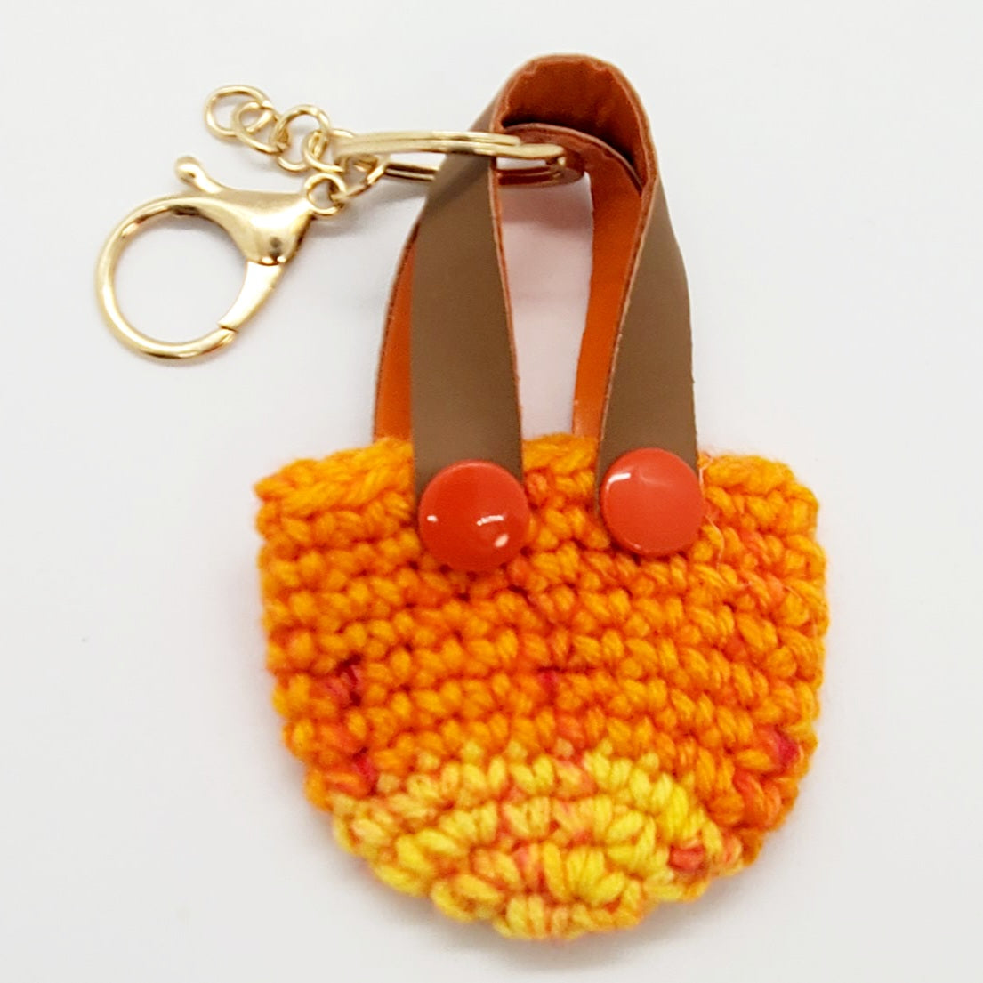 orange with yellow Crochet mini tote keychain with vinyl handles
