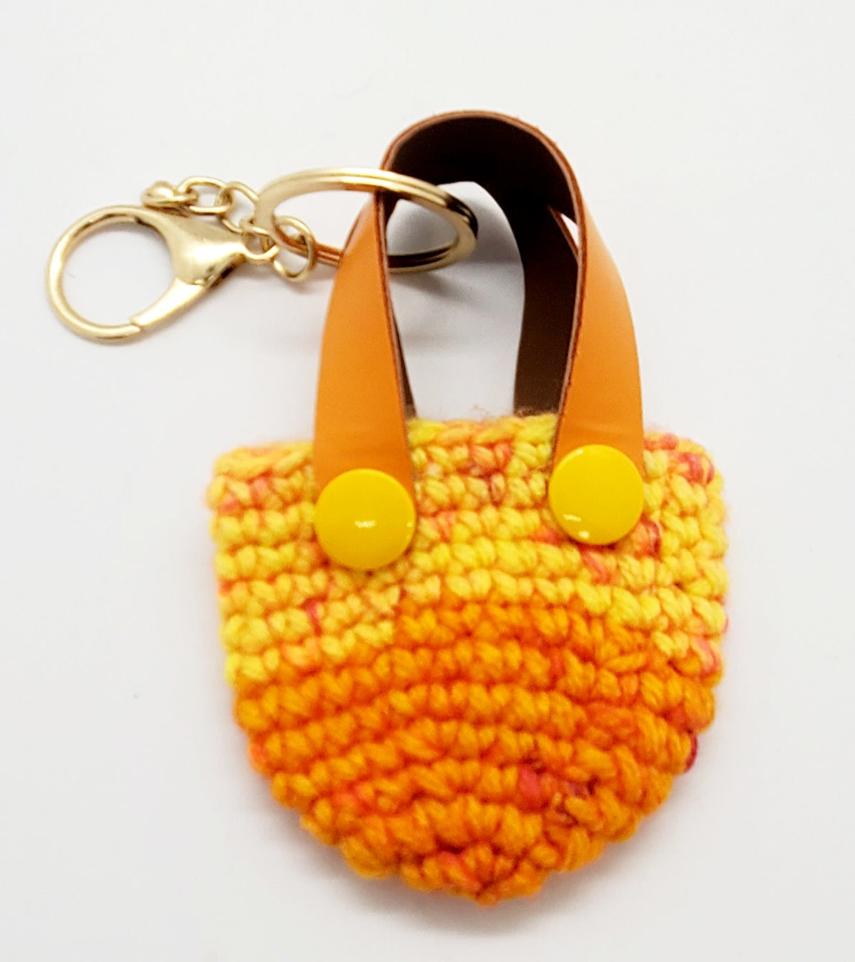 orange and yellow orange with purple Crochet mini tote keychain with vinyl handles