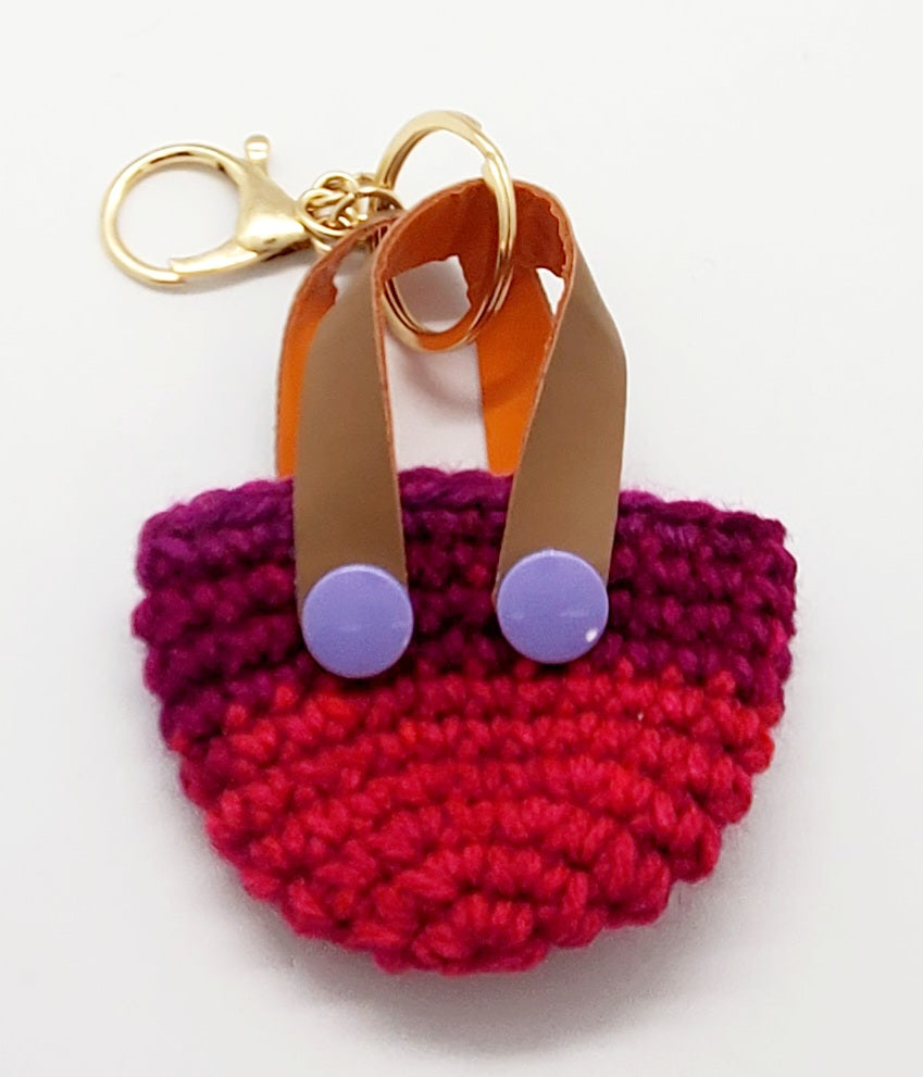 Purple and pink orange with purple Crochet mini tote keychain with vinyl handles