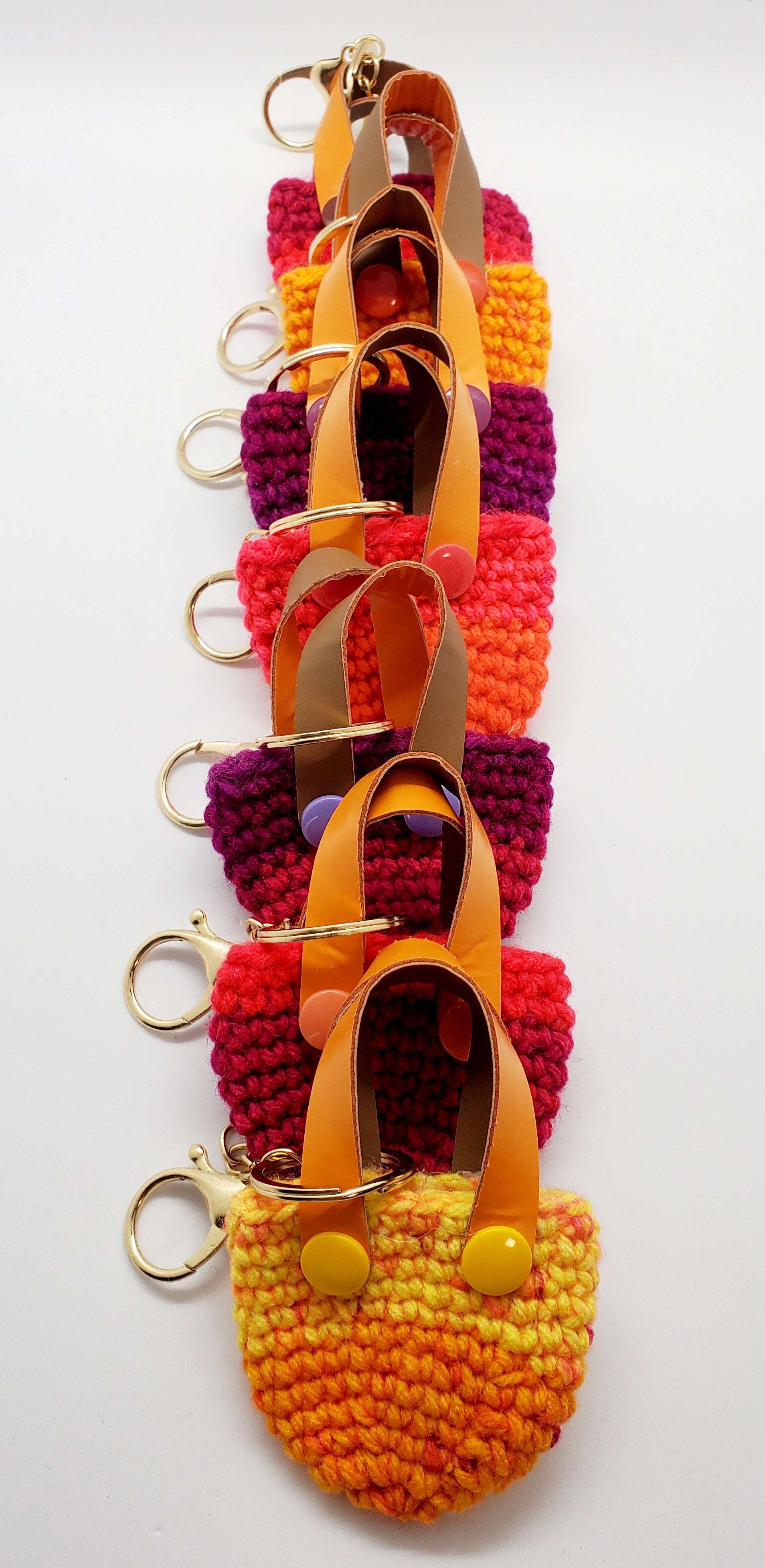 group (line) view of Crochet mini tote keychain with vinyl handles