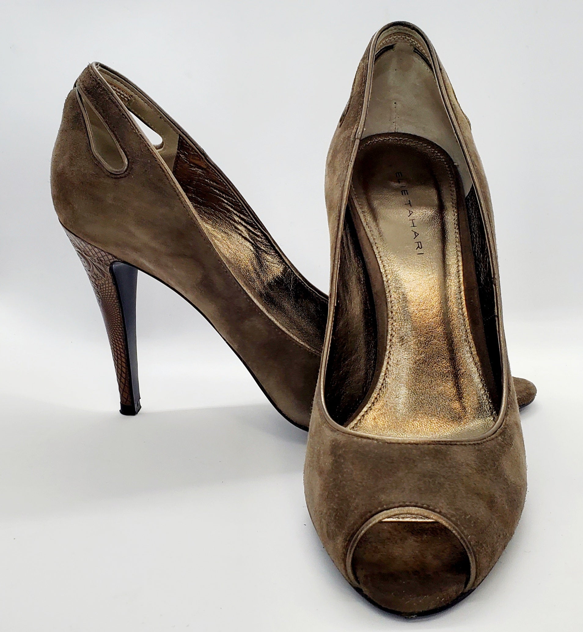 Front and Side view of Elie Tahari Suede open toe pump with ornate patterned keyhole heels