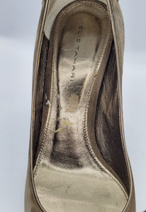 Inner sole view of Elie Tahari Suede open toe pump with ornate patterned keyhole heels