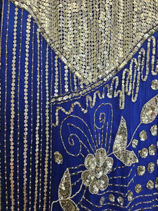 Close up view of vintage 80s Blue and Silver Sequin Gown