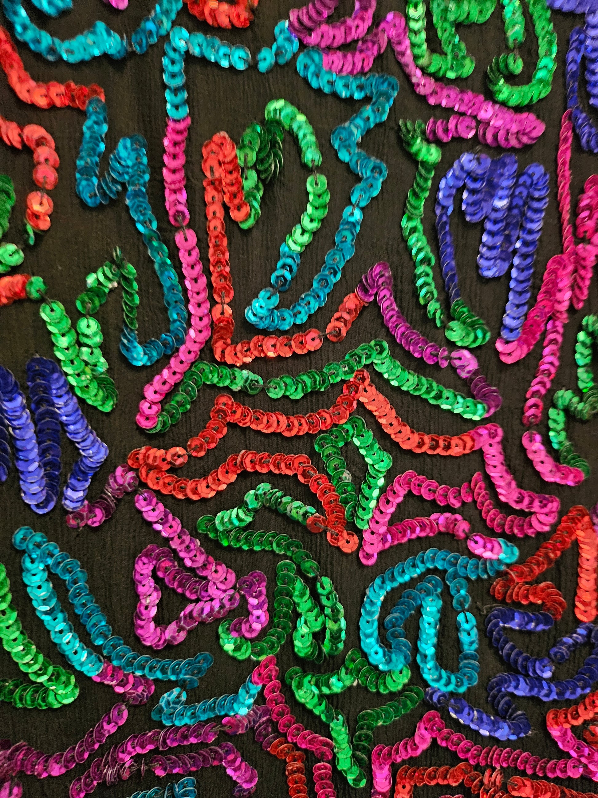 Close up view of sequins on Rainbow sequined jacket dress with fringe details