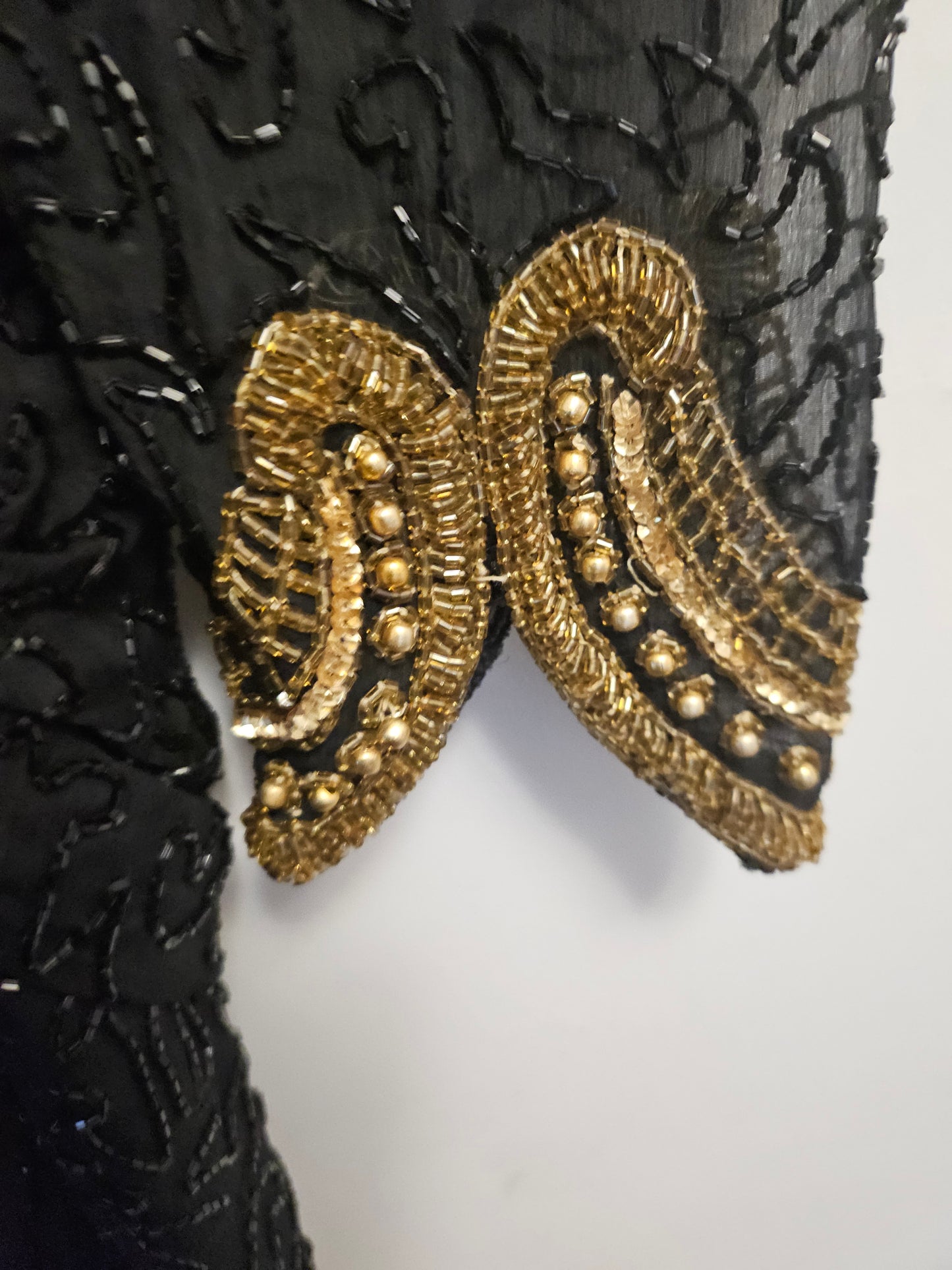 Cuff view of 80s Black and Gold Beaded Cocktail Dress