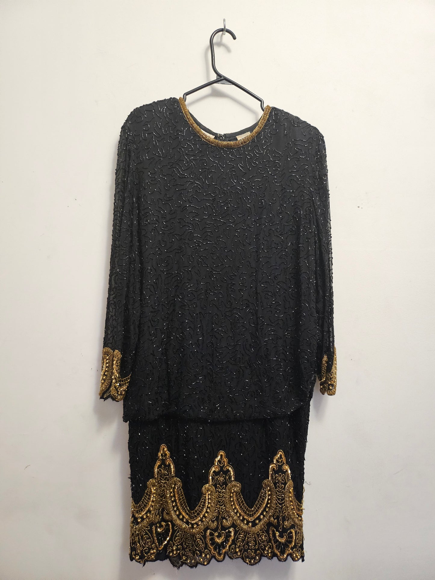 Front view of 80s Black and Gold Beaded Cocktail Dress