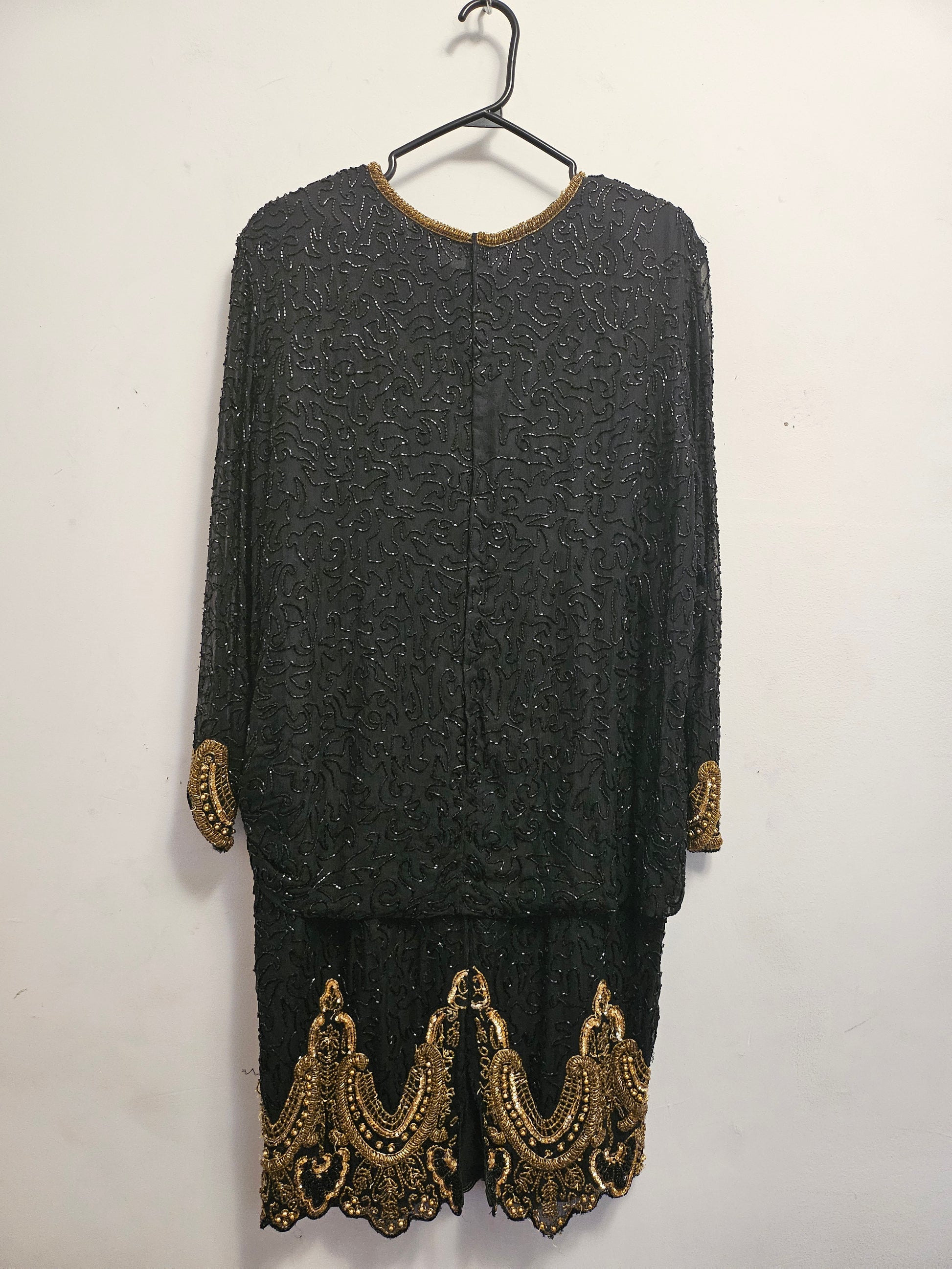 Back view of 80s Black and Gold Beaded Cocktail Dress