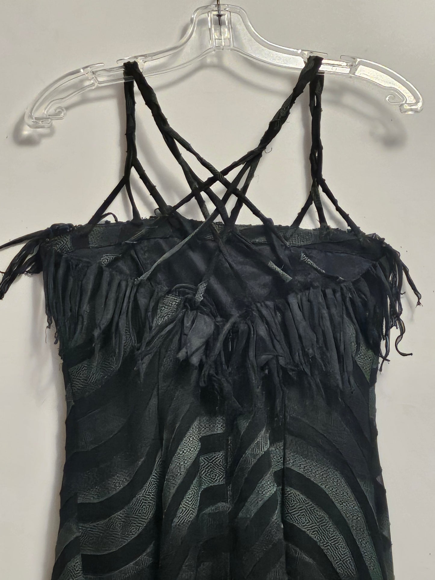 ENVIOUS- Green swirl print fringed slip dress