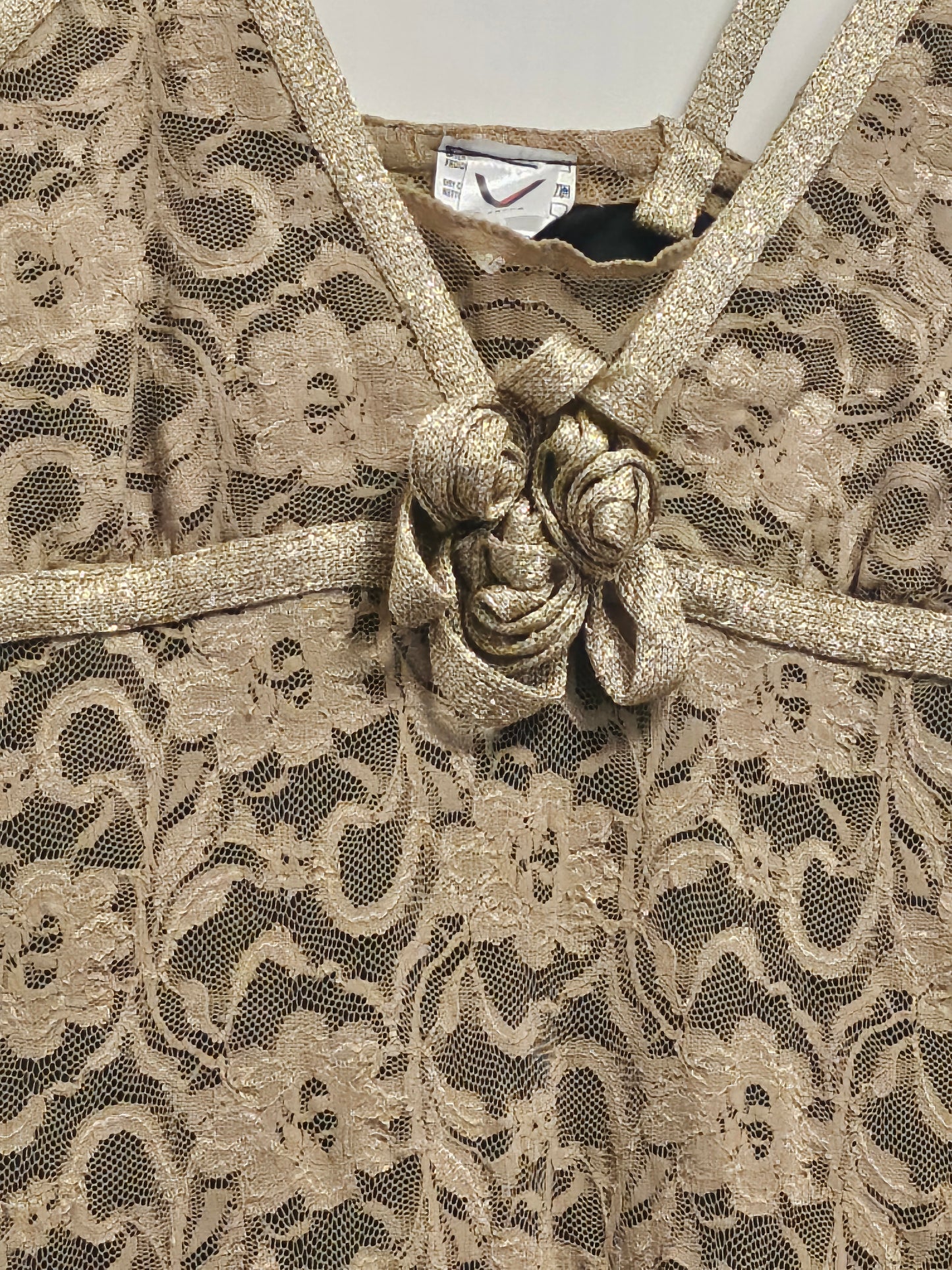 Rose detail of Lace Cocktail Dress with golden trim rose detail