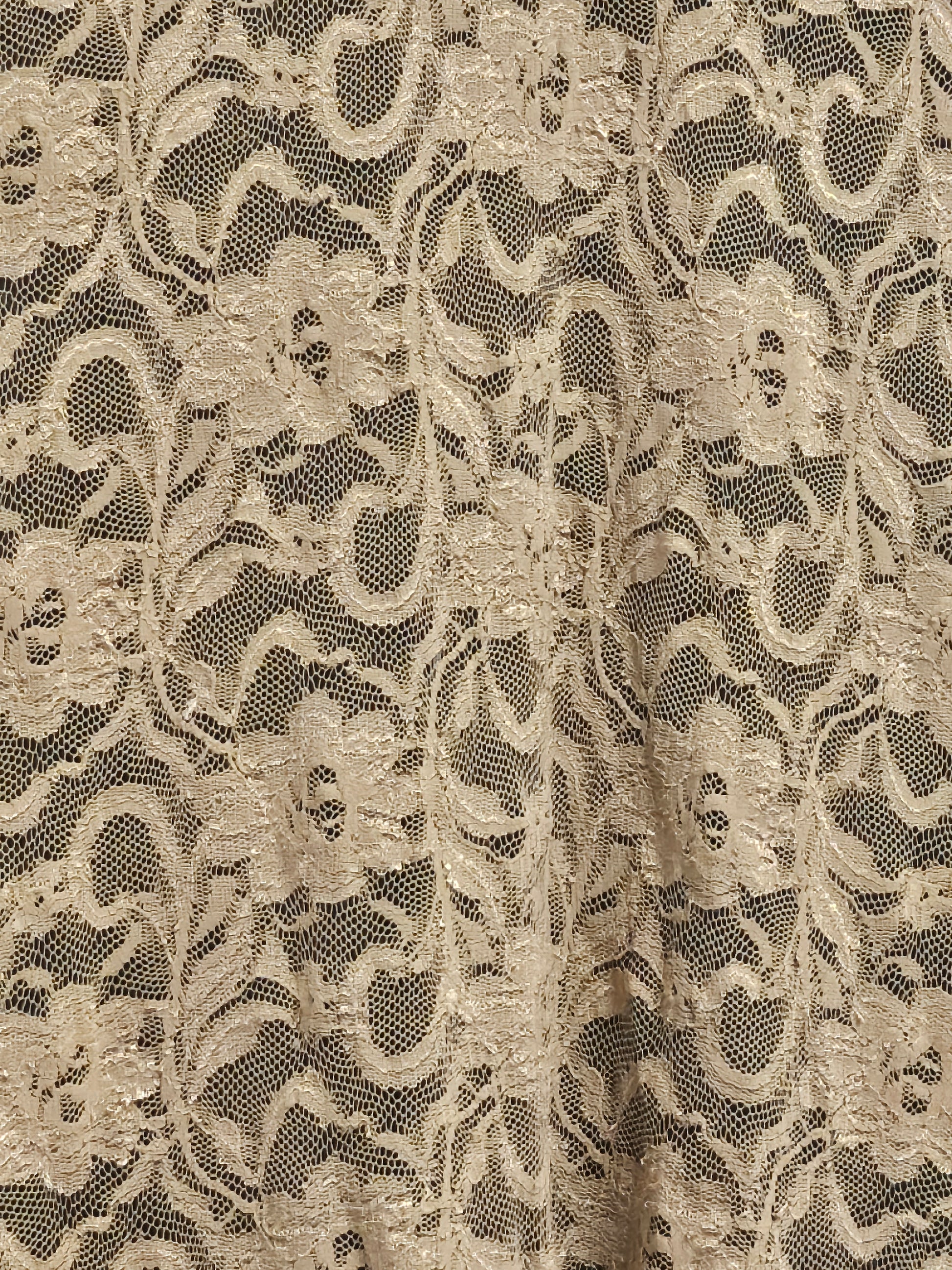 close up view of fabric of Lace Cocktail Dress with golden trim rose detail