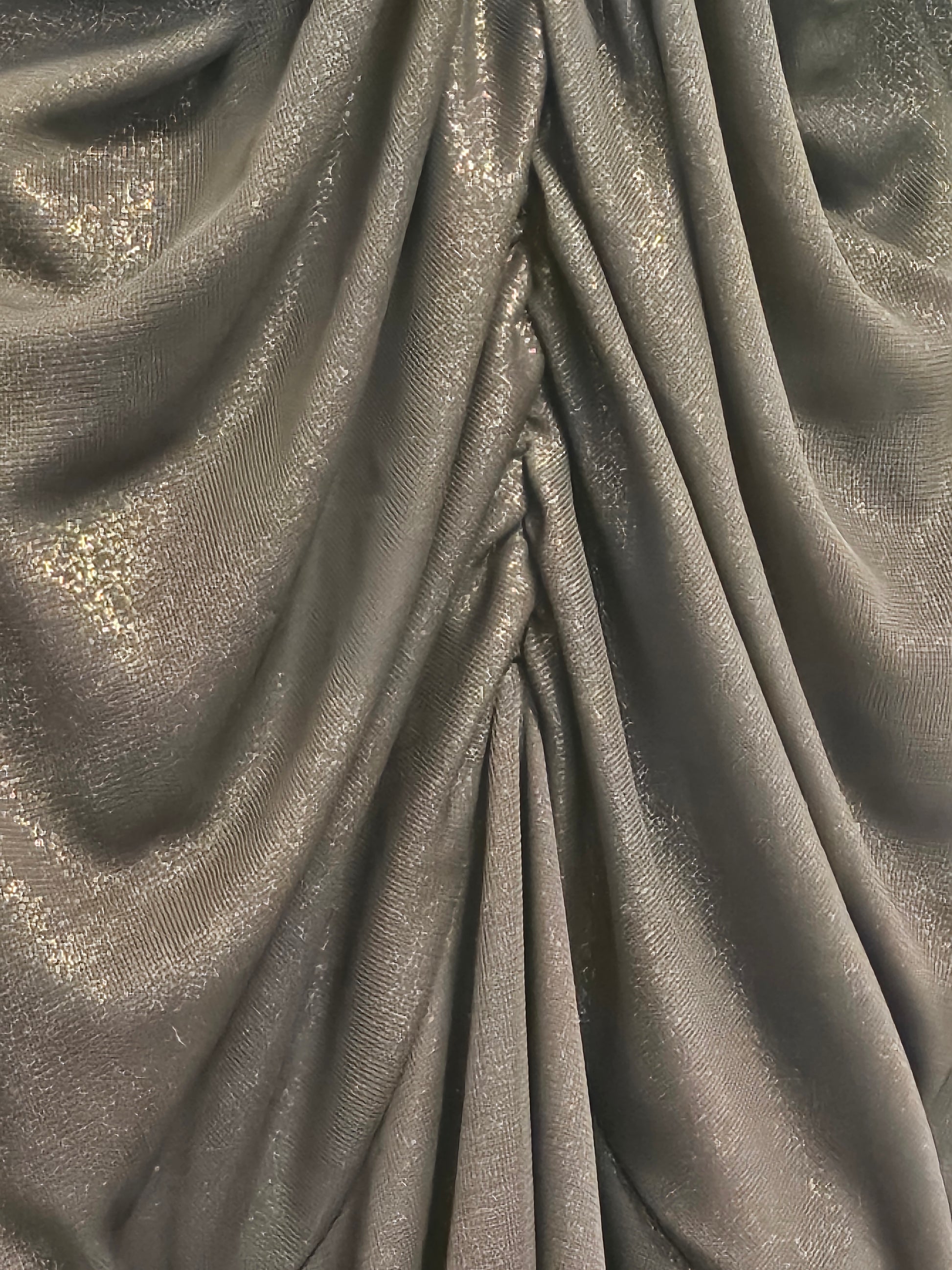 close up view of the fabric of Upcycled ruched dress with golden lace and crushed velvet details