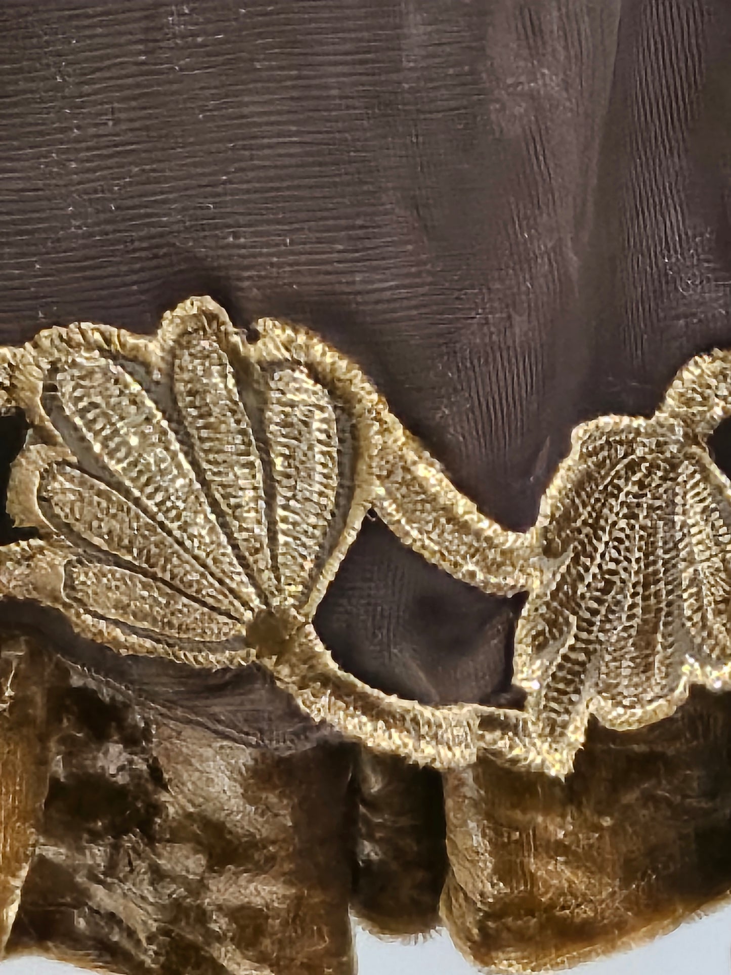 close up view of lace and velvet details of Upcycled ruched dress with golden lace and crushed velvet details