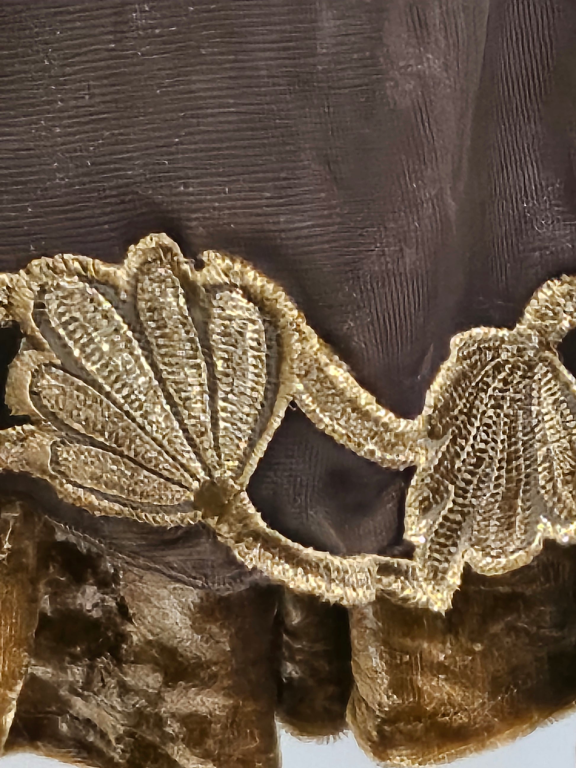 close up view of lace and velvet details of Upcycled ruched dress with golden lace and crushed velvet details