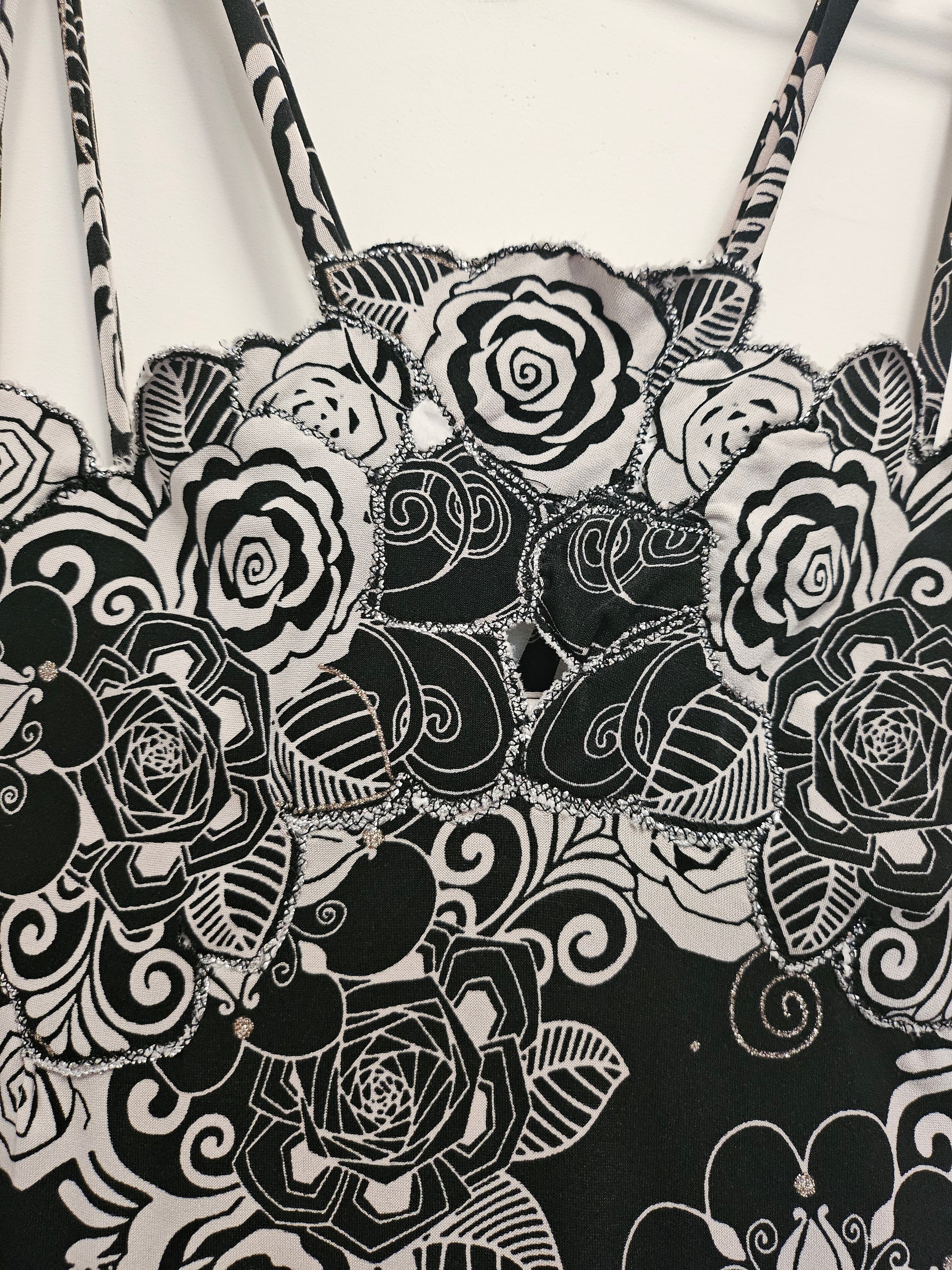 close up front view of Black and White Abstract Floral Summer Dress