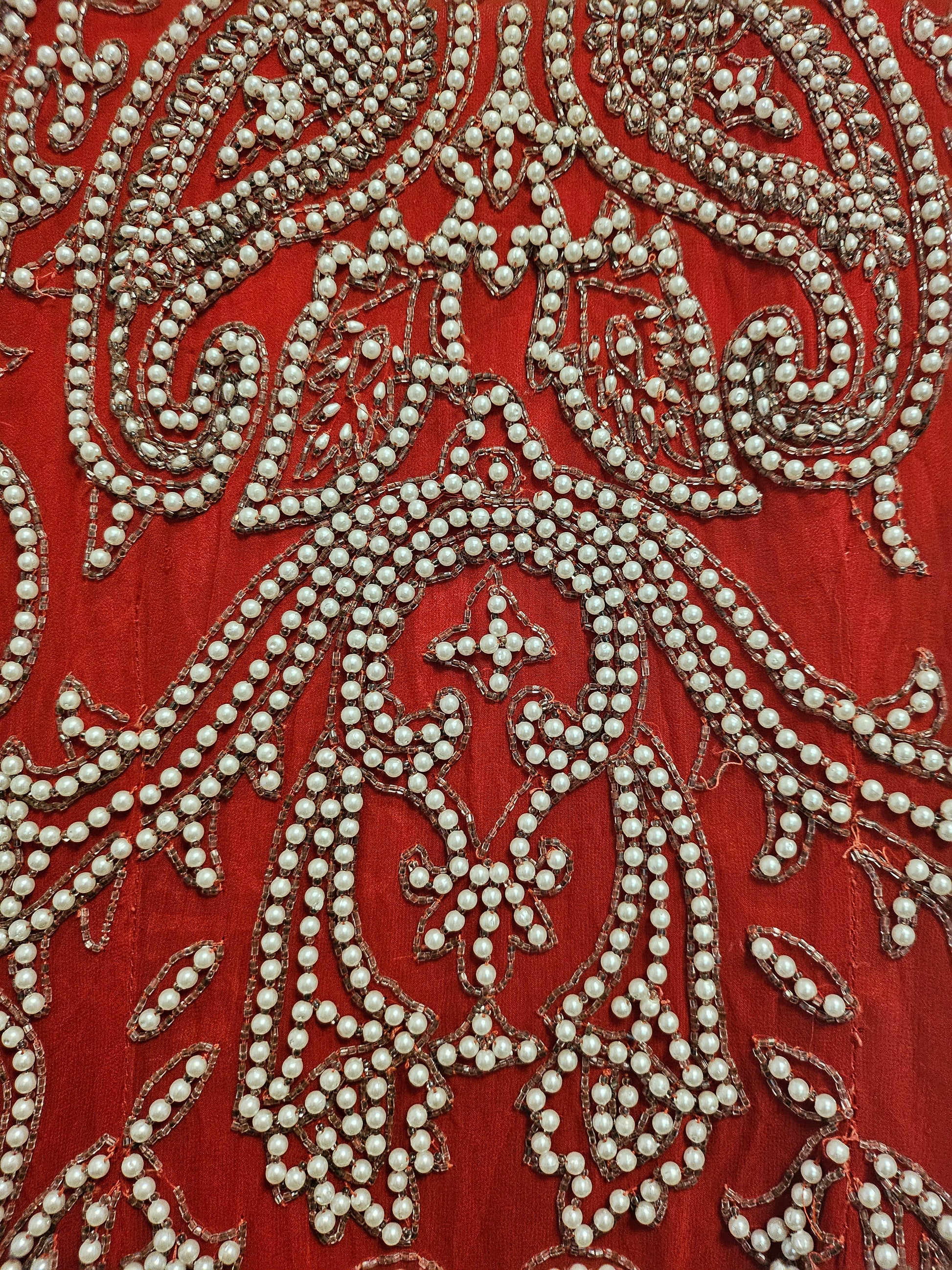 close up view of beading of Vintage Red Silk and Pearl Beaded Evening Dress