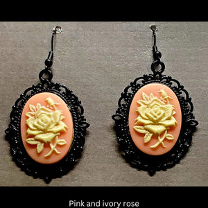 Goth-inspired pink and ivory acrylic 3D rose and black filigree earrings