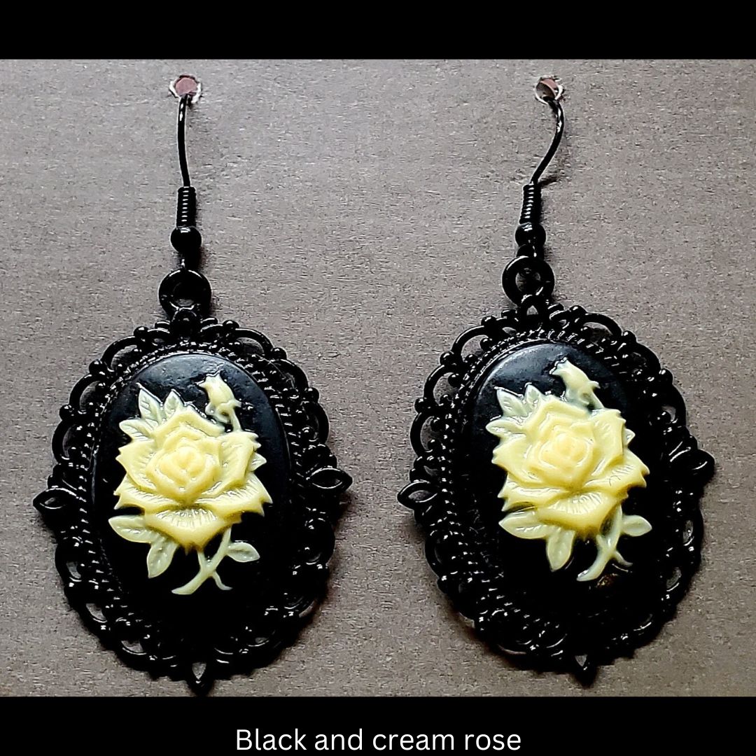 Goth-inspired black and cream acrylic 3D rose and black filigree earrings