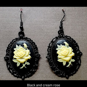 Goth-inspired black and cream acrylic 3D rose and black filigree earrings