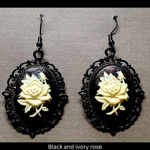Goth-inspired black and ivory acrylic 3D rose and black filigree earrings