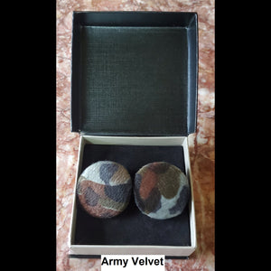 Army Camo Print Velvet button earrings in jewelry box