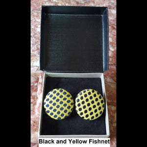 Black and Yellow Fishnet button earrings in jewelry box
