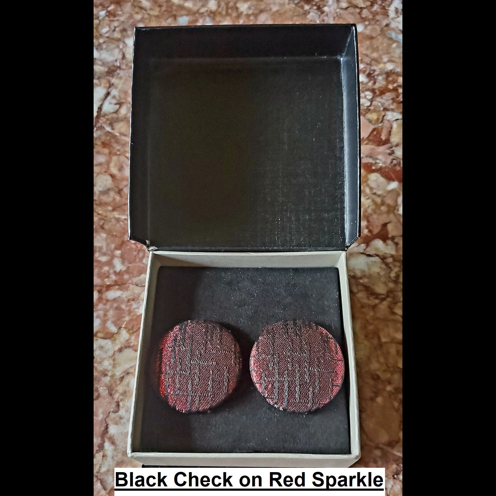 black check on red sparkle print button earrings in jewelry box