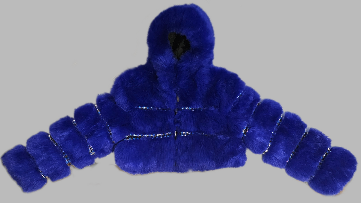 Front view of Royal Blue faux fur coat embellished with rhinestone chains