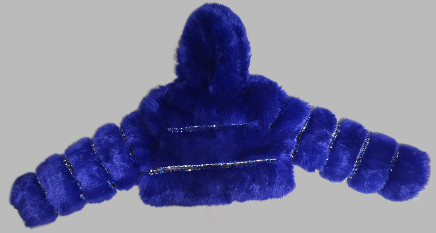Back view of Royal Blue faux fur coat embellished with rhinestone chains