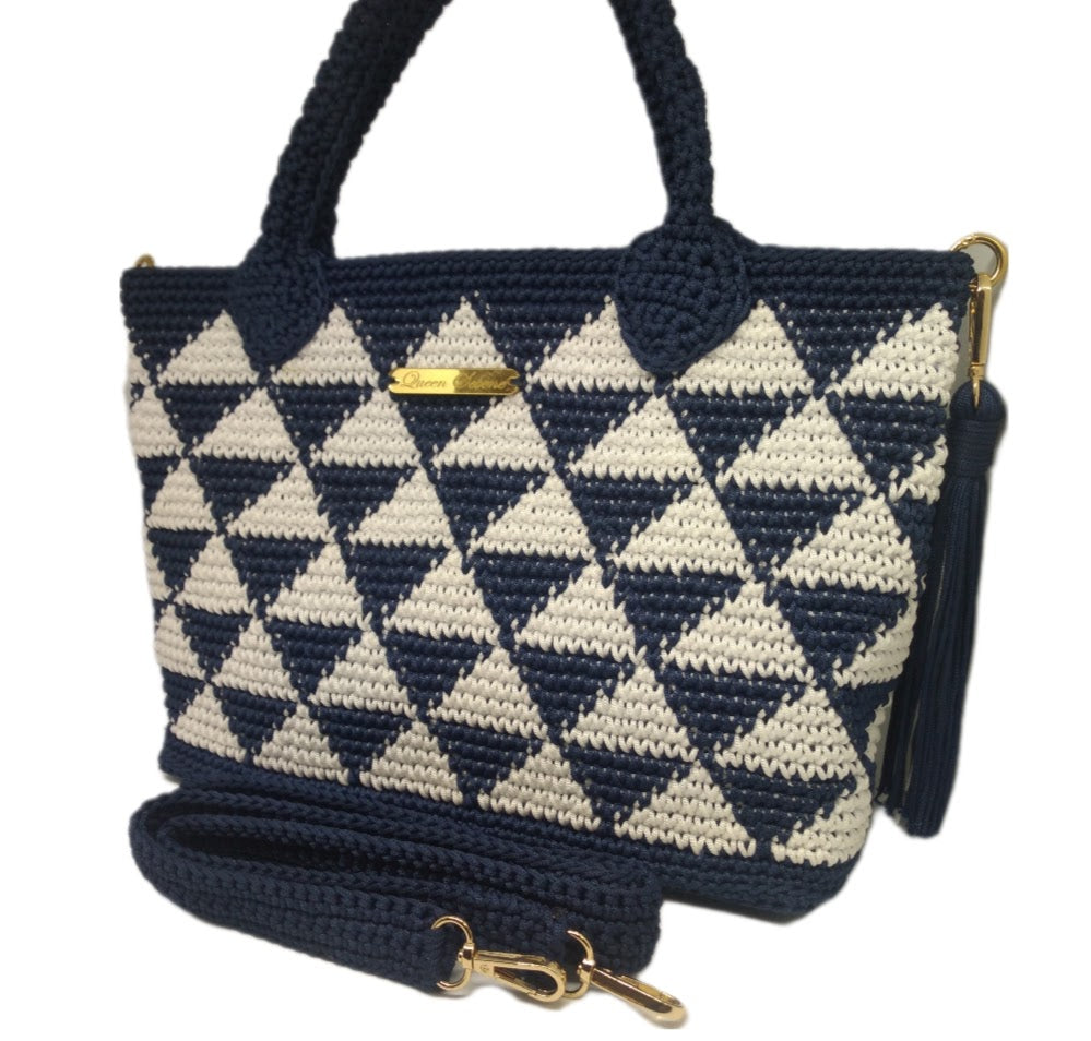 CAPRI-Blue and white crochet geo print handbag with large tassel