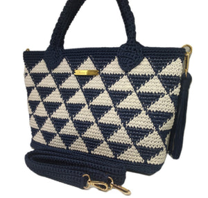 CAPRI-Blue and white crochet geo print handbag with large tassel