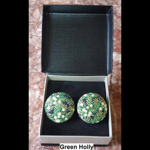 Green Holly Print button earrings in jewelry box
