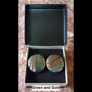 Green and Gold button earrings in jewelry box